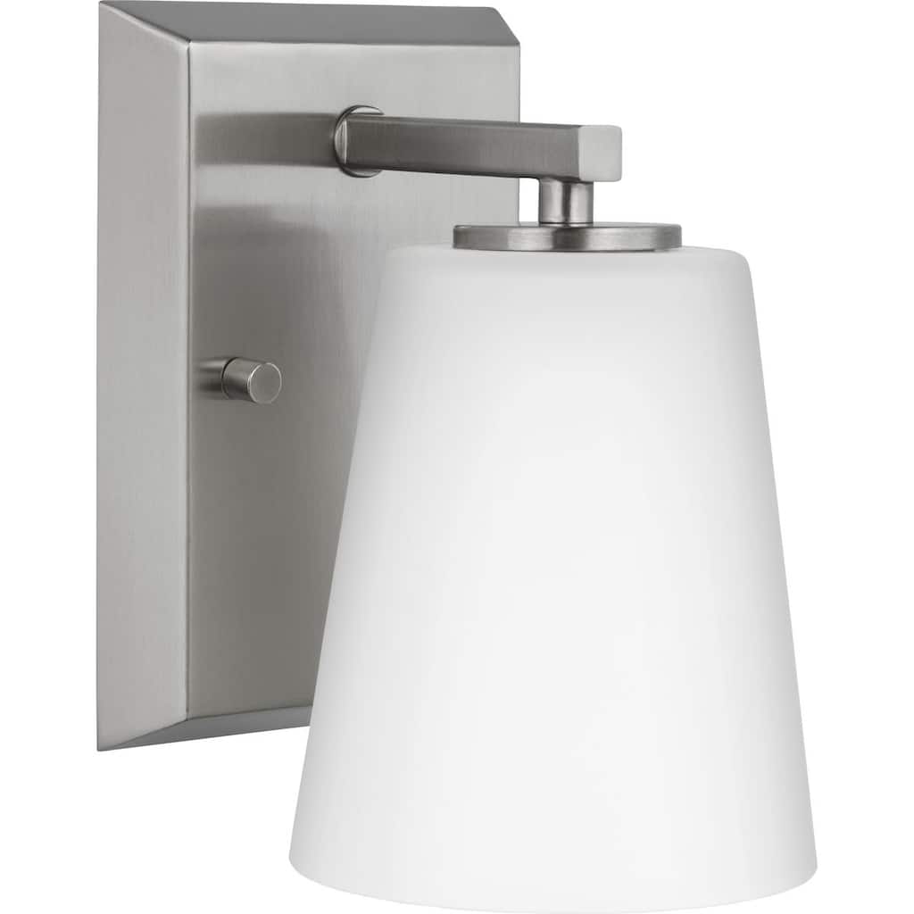 Vertex Collection One-Light Brushed Nickel Etched White Glass Contemporary Bath Light - 4.75 in x 6.25 in x 7.5 in