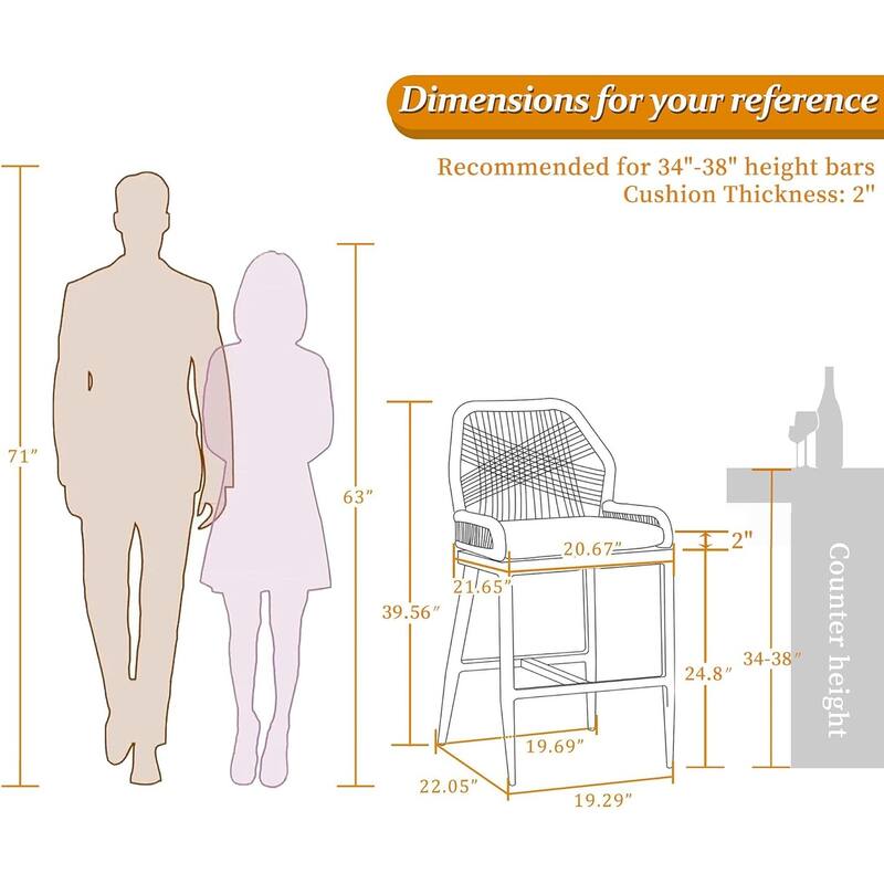 PURPLE LEAF Bar Stools Set of 4 Outdoor Bar Height Metal Stools Modern Wicker Rattan Barstools with Back Aluminum