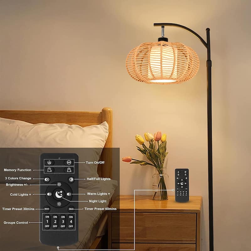 Arc Floor Lamps Rattan Boho Floor Lamp with Remote Control Floor Standing Lamp Wicker Lamp Shade Rustic,Dimmable Modern Led
