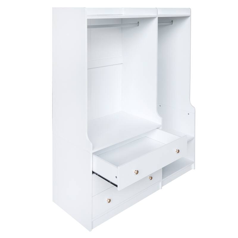 Wooden Open Wardrobe Storage Clothes Storage Cabinet with Dual Hanging Rods and Five Shelves Armoire for Bedroom