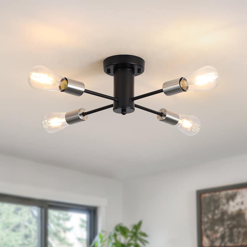 4-Light Modern Semi Flush Mount Chandelier for Bedroom Study Room - Black+Nickel