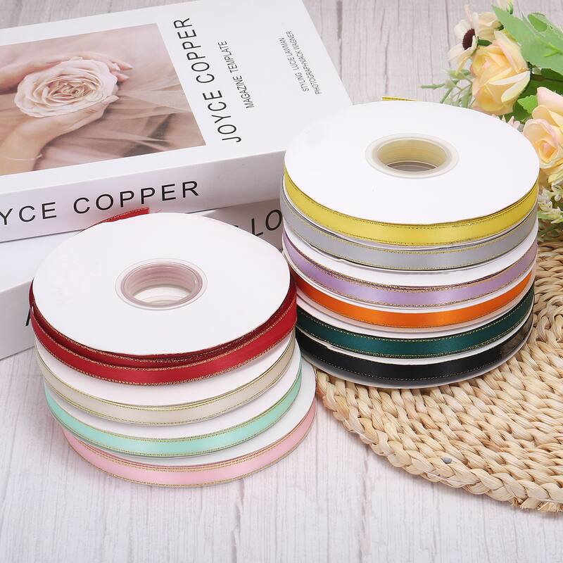 50 Yards 0.4 Inch Satin Ribbon Gold Edges Double Faced Ribbon Bow - 50 Yards
