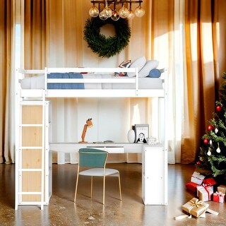 Twin Size Loft Bed with Ladder, Shelves, and Desk,White Multi-Functional Children's Bed