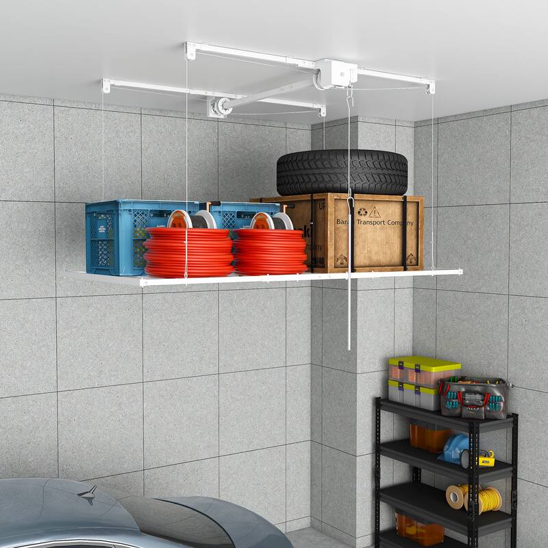 Roomfitters Overhead Garage Storage Rack 3x6 FT, Crank Down Ceiling Organizer for 10-12 FT Garages, 270lb Lift, White - 3x6 - White