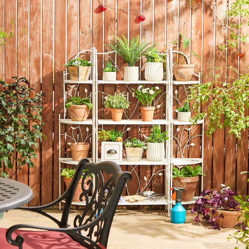 Glitzhome 4-Tiers Multifunctional Metal Corner Plant Shelf Bakers Rack Folding Planter Stands Flower Pot Shelving