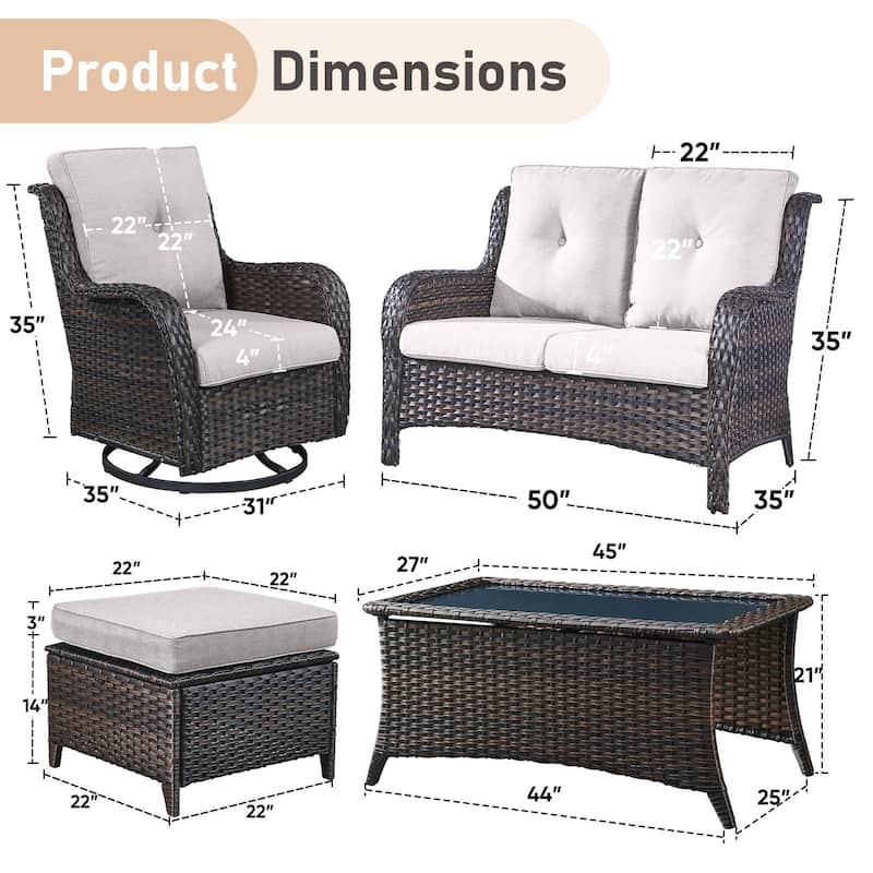 Pocassy Outdoor 6 Pieces 2-Seat Sofa Swivel Chairs Table Ottoman