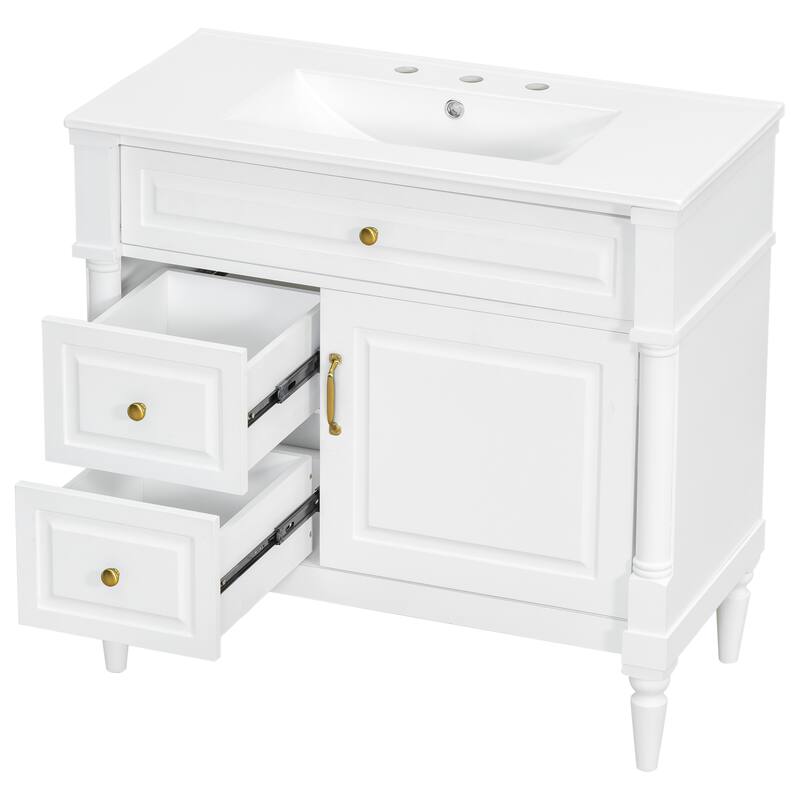 Roomfitters 36" Bathroom Vanity with Sink, Solid Wood Frame, Flip Drawer, 2 Drawers & Door Rack