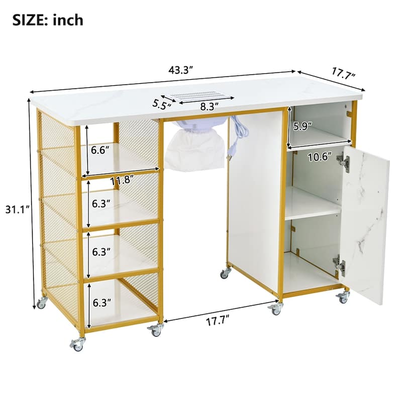 Manicure Table with Electric Downdraft Vent,Wrist Cushion, Lockable Wheels