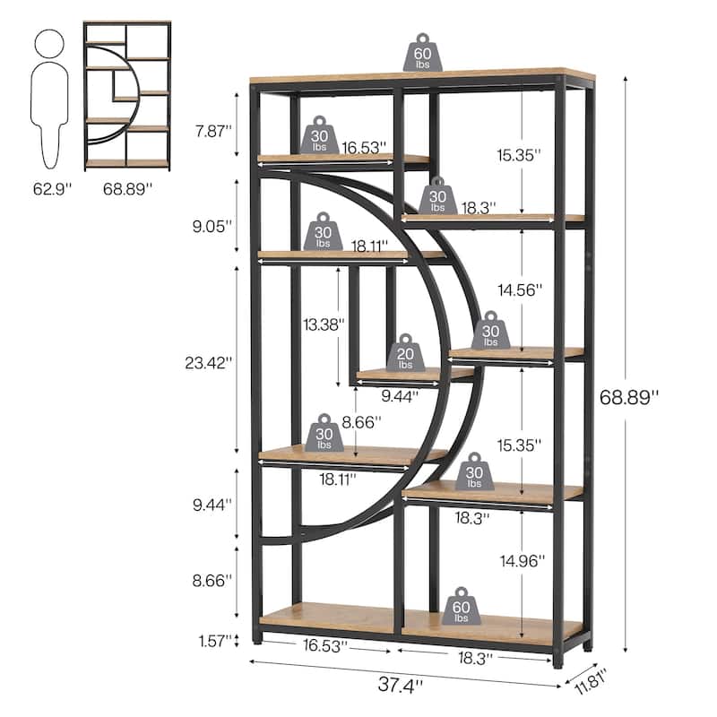 Industrial Etagere Bookcase with 8-Open Storage Shelf, Tall Geometric Book Shelves