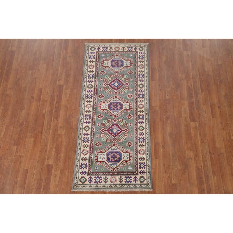 Hand Knotted Oriental 100% Wool Carpet Traditional Geometric Green Kazak Area Rug - 6' 3'' X 2' 9''