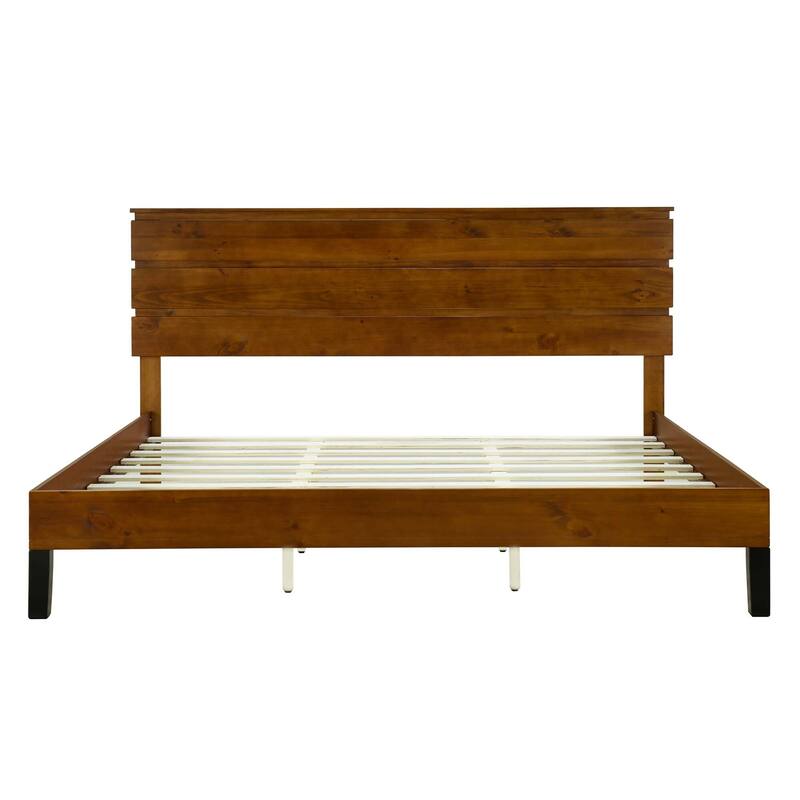 Brown Solid Wood Frame Platform Bed with Three-Piece Headboard Design