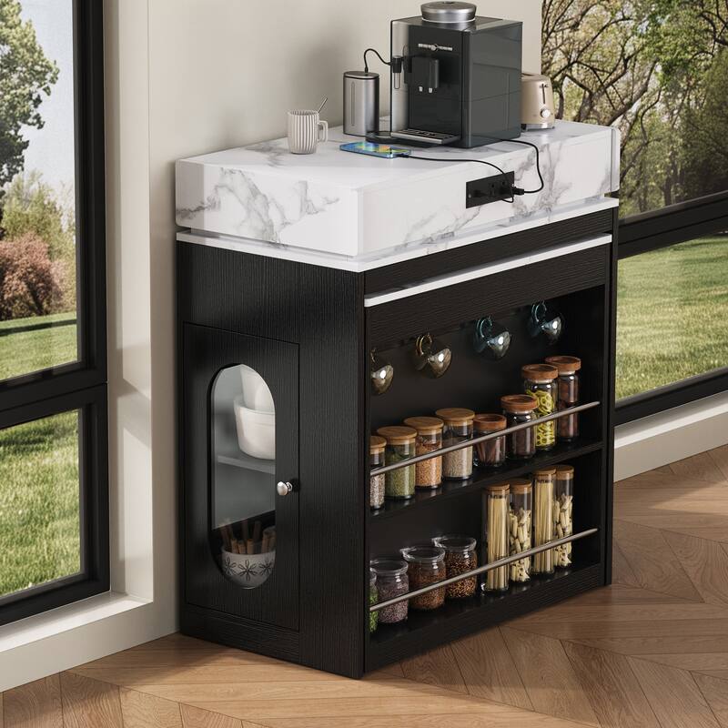 Extendable Kitchen Island Dining Table with Power Outlet, Rolling Sideboard with Folding Tabletop & Drawers