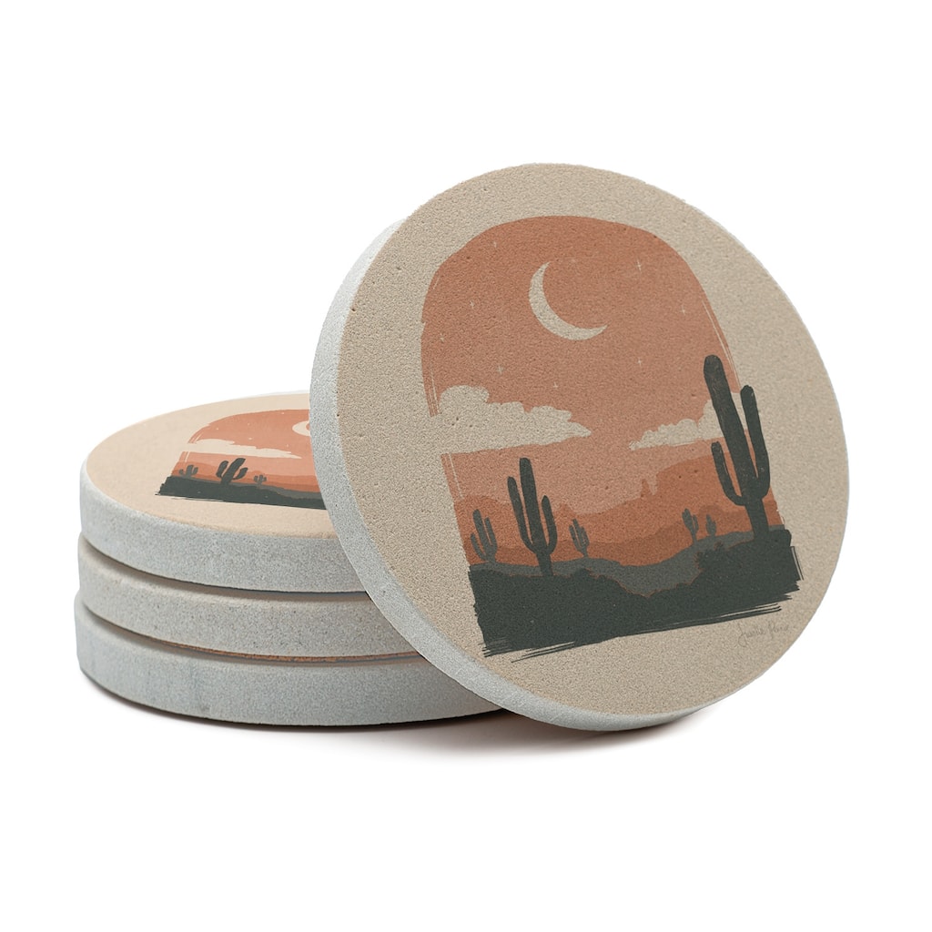 Desert Night 4 Pack Round Natural Sandstone Coasters with Protective Cork Backing Manufactured in The USA