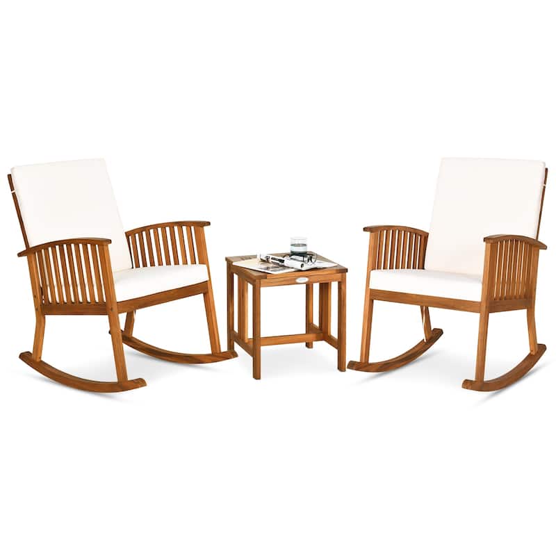 Gymax 3 Pieces Acacia Wood Rocking Bistro Set w/ Coffee Table and - Brown