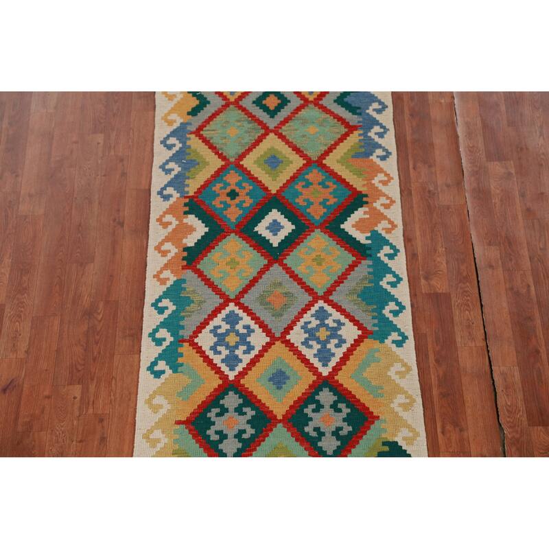 Geometric Kilim Oriental Runner Rug Hand-Woven Wool Carpet - 2'7" x 16'2"