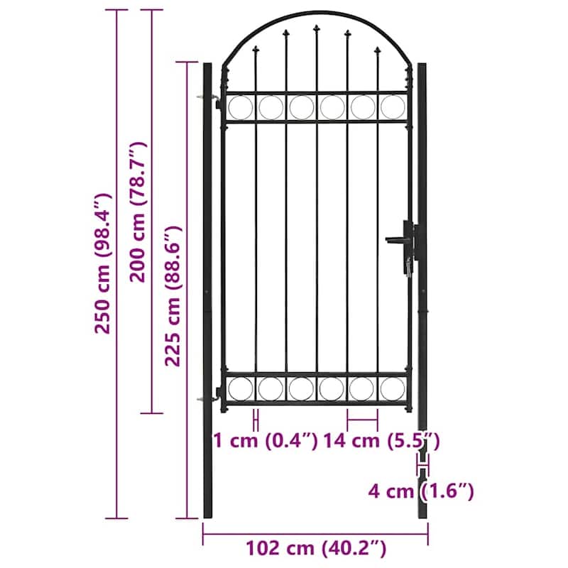 vidaXL Fence Gate with Arched Top Steel 39.4" x 49.2"/59.1"/68.9"/78.7" Black