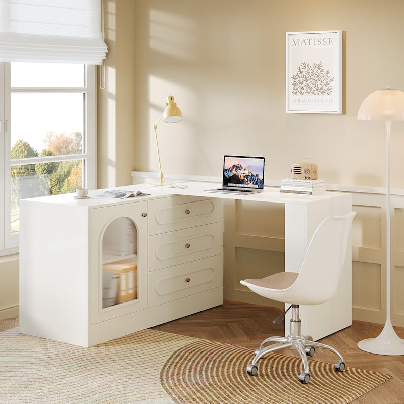 Modern 360° Rotatable Computer Desk with 3 Drawers, L Shaped Corner Executive Desk