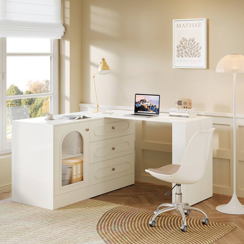 Modern 360° Rotatable Computer Desk, Executive Desk with 3 Drawers - White