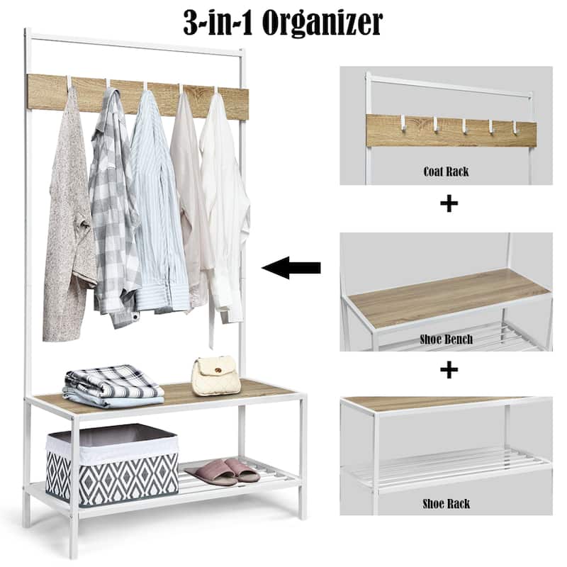 COSTWAY 3 in 1 Industrial Coat Rack Shoe Bench Entryway Hall Tree - 35.5'' x 16'' x 67'' (LxWxH)