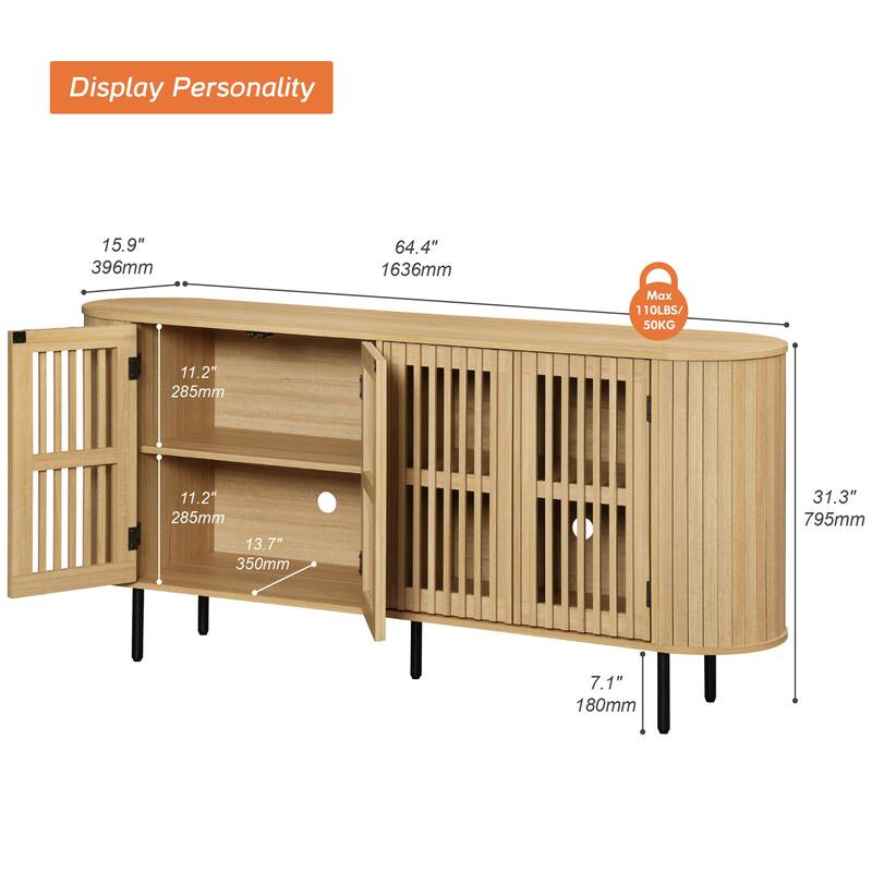 WAMPAT 66" Sideboard Buffet Cabinet, Fluted Accent Storage Cabinet