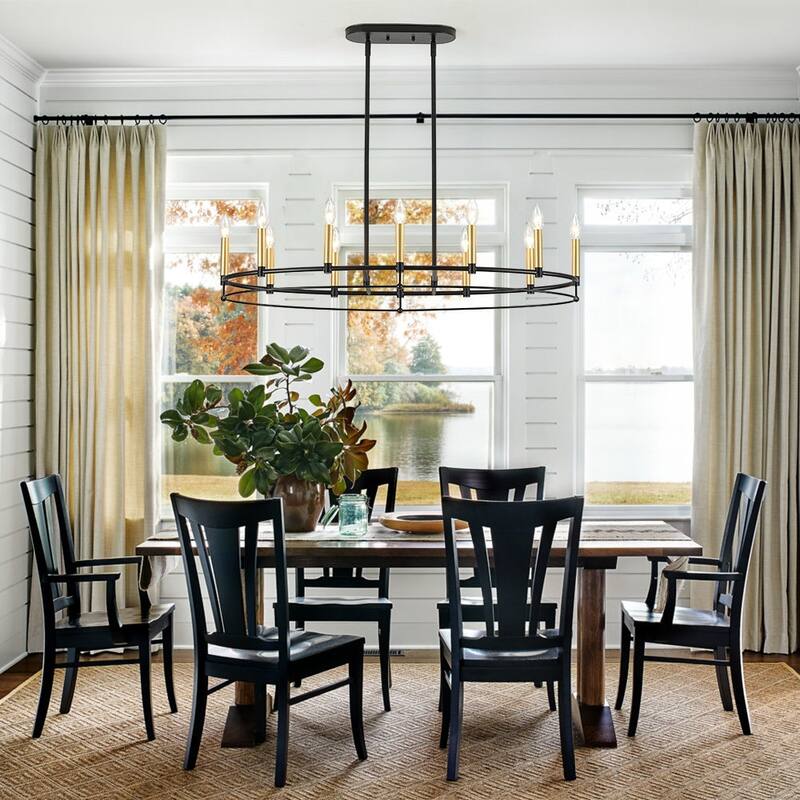 Black Brass 12-Light Large Oval Wheel Candle Style Island Chandelier - 37.5 Inches