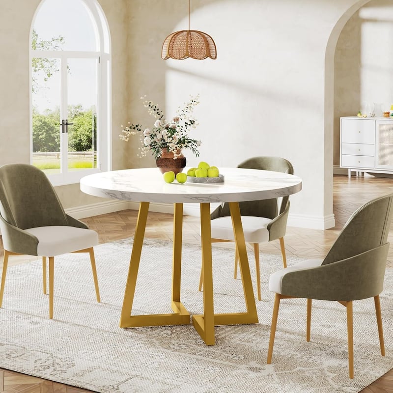 31.5 Inches Industrial Square Dinner Table with Metal Base for Dining Room, Small Space, Apartment - Round - White & Gold