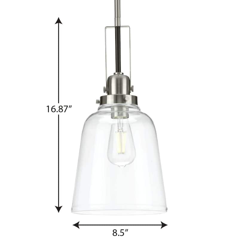 Rushton Collection 1-Light Brushed Nickel Clear Glass Industrial Pendant Hanging Light - 8.5 in x 8.5 in x 16.87 in
