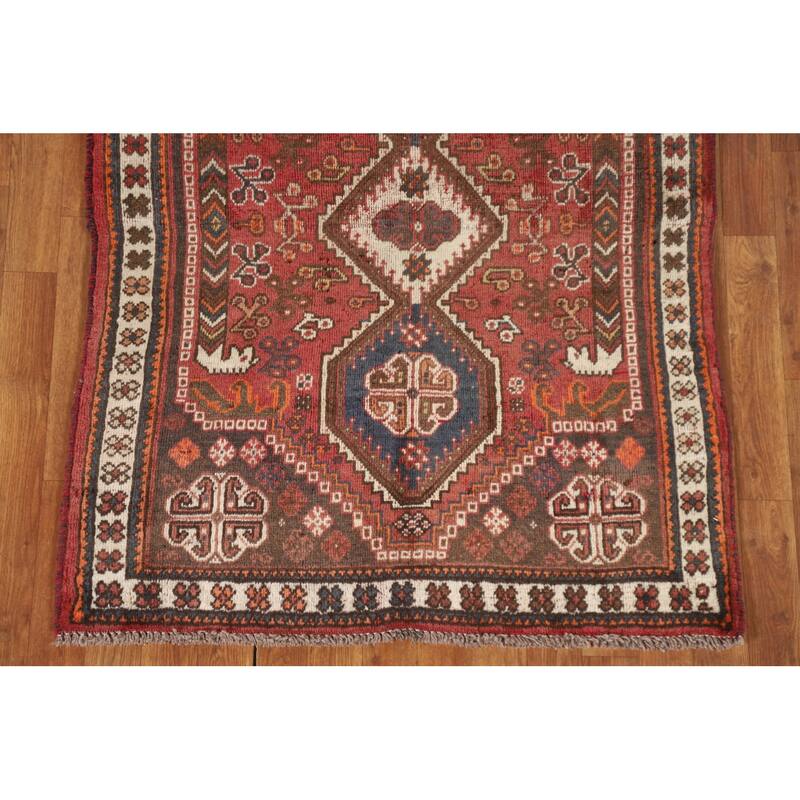 Geometric Qashqai Persian Vintage Area Rug Hand-knotted Wool Carpet - 3'5"x 4'8"