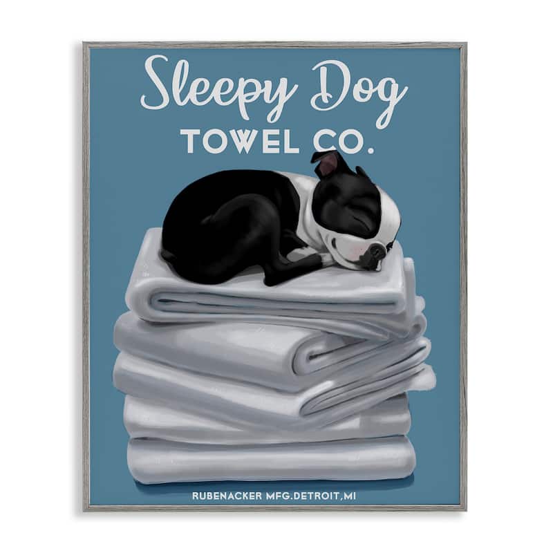 Stupell Sleepy Dog Towel Co. Adorable Boston Terrier Bathroom Framed Wall Art - 16 x 20 - Grey