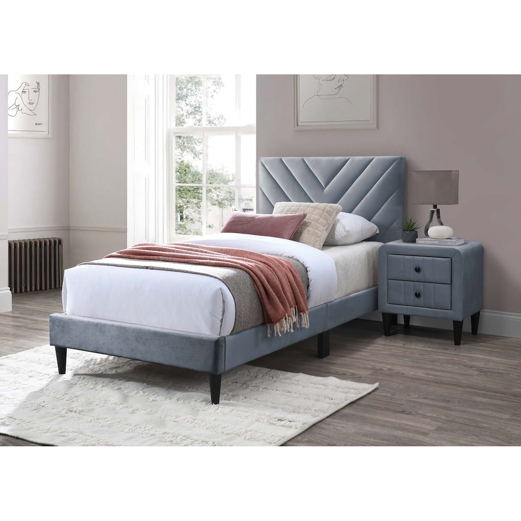 Twin Size Velvet Platform Bed with Adjustable Headboard and 12-Slat Support System (No Box Spring Needed)