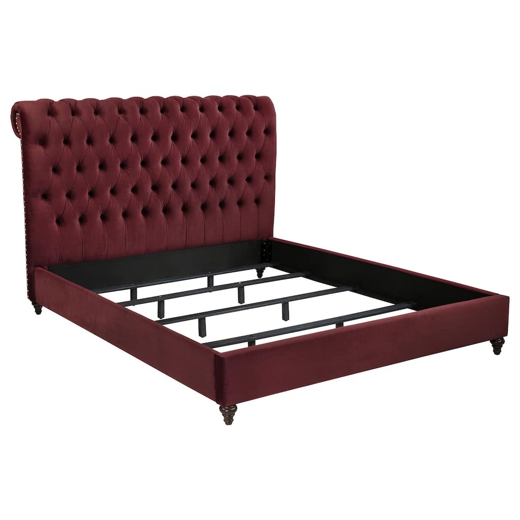 Grey Linen-Look Upholstered Queen Bed Frame with Metal Legs, Chrome Details, and Modern Design