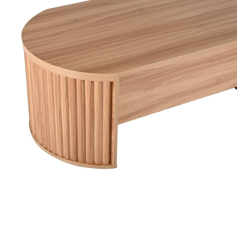 Wood Lift Top Coffee Table with Hidden Storage, 47" Oval Lift Table Top wavy grooves Design Conversation Table