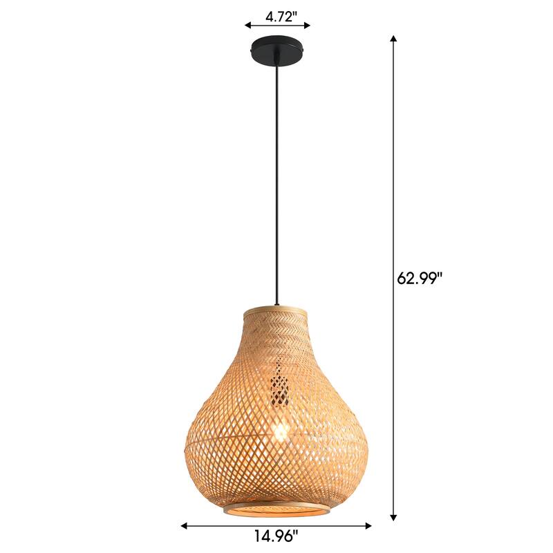 15" Natural Farmhouse Vase Shape Handwoven Rattan Caged Pendant Light - 14.96" D x 14.96" W x 62.99 " H