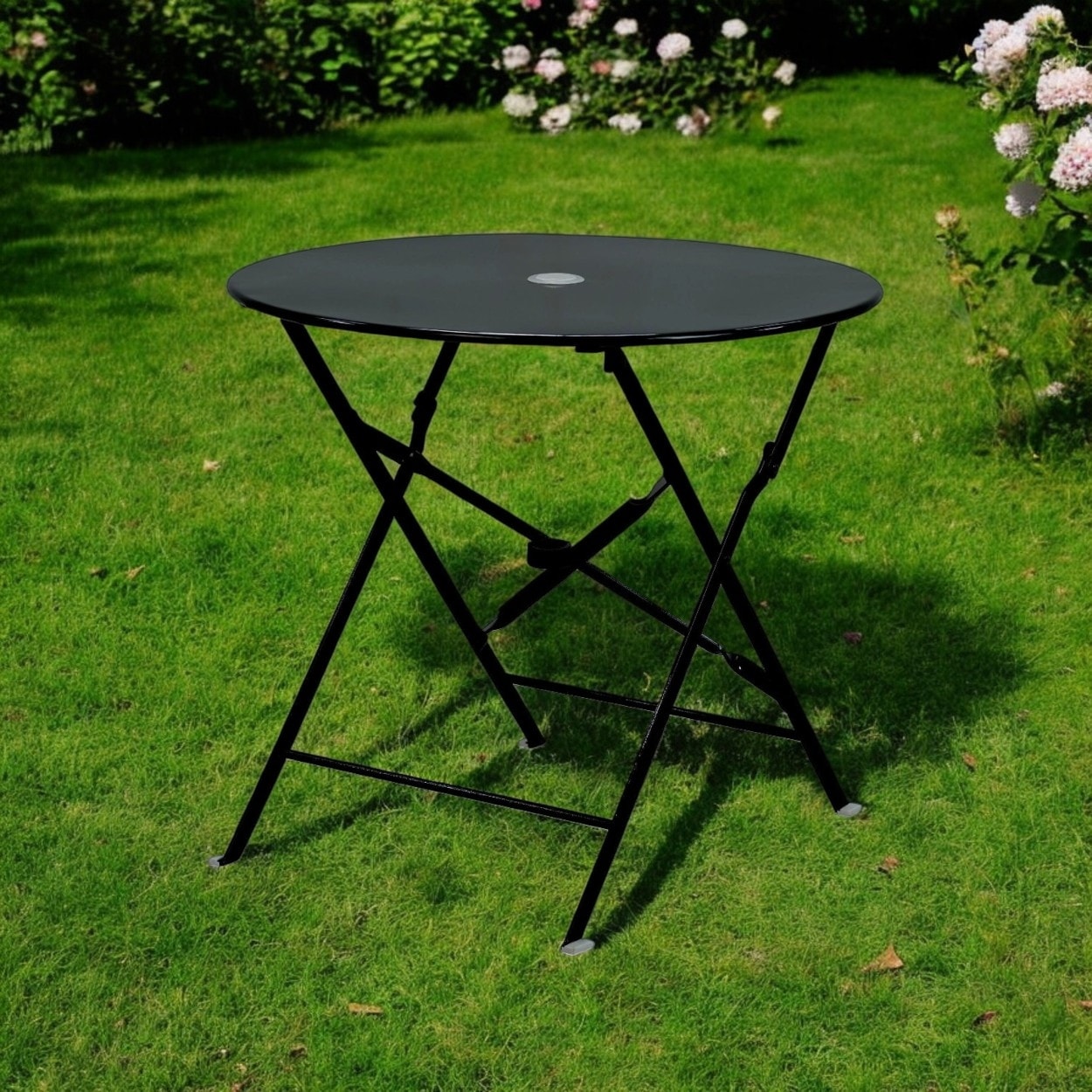 30-Inch Round Black Folding Bistro Table With Umbrella Hole - Metal Outdoor Patio Table (No Assembly)-634942
