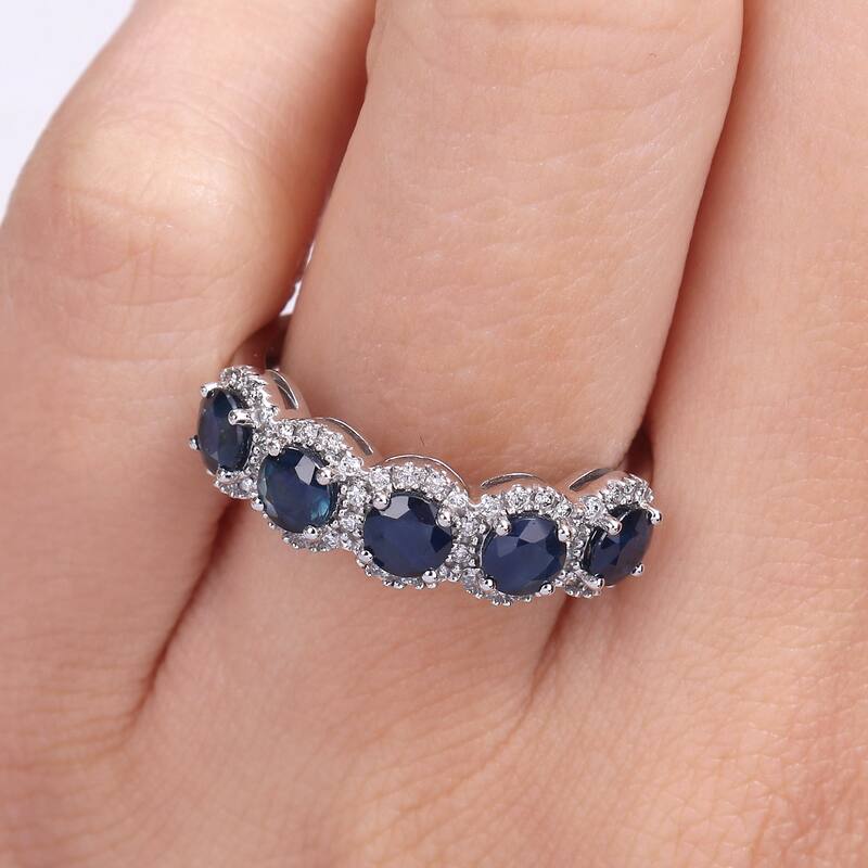 Miadora Blue Sapphire and 1/5ct TDW Diamond 5-Stone Halo Semi-Eternity Band Ring in 14k White Gold