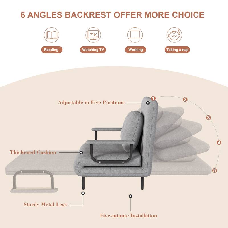 Folding Chair Bed, Convertible Sleeper Sofa 5 in 1 Folding Bed with 5-Position Adjustable Backrest & Pillow, Floor Single Chairs