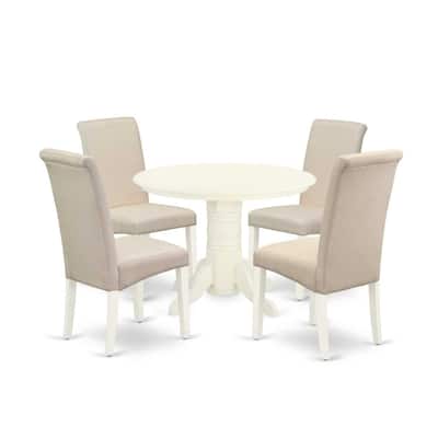 HomeStock 5-Piece Round Buttermilk & Cherry Finish Solid Wood Top Dining Table with 4 Parson Chair with Lattice Back