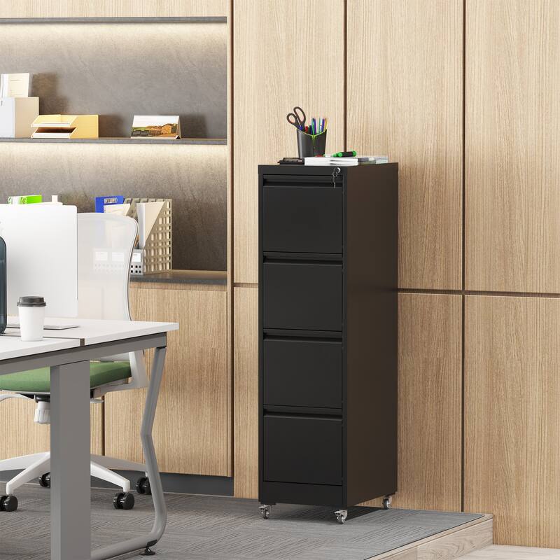 Modern Vertical File Cabinet, Heavy-Duty Lockable Filing Cabinet with 4 Drawer Locks and 4 Wheels, for Home Office, Black