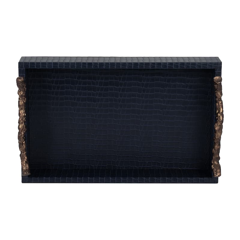 Sagebrook Home's Faux Leather 16" Copenhagen Tray in Chic Navy/Gold - Durable MDF, Aluminum Accents - 16" x 10" x 4"
