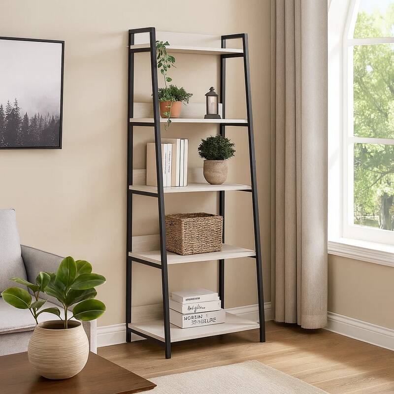Wooden Bookshelf with 5 Open Compartments, Washed White and Black