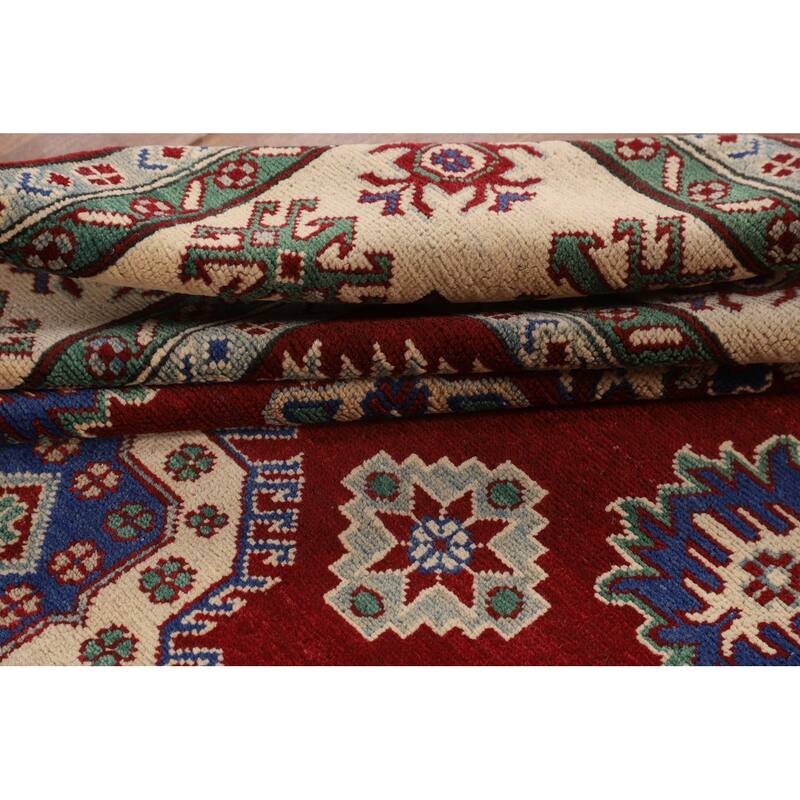Red Geometric Kazak Oriental Area Rug Hand-Knotted Wool Carpet - 5'8" x 8'4"