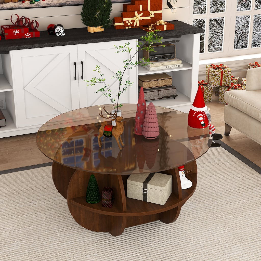 Round Coffee Table with Storage, 31.5 Inch Modern Farmhouse Center Table with Tempered Glass Top and Wooden MDF Frame