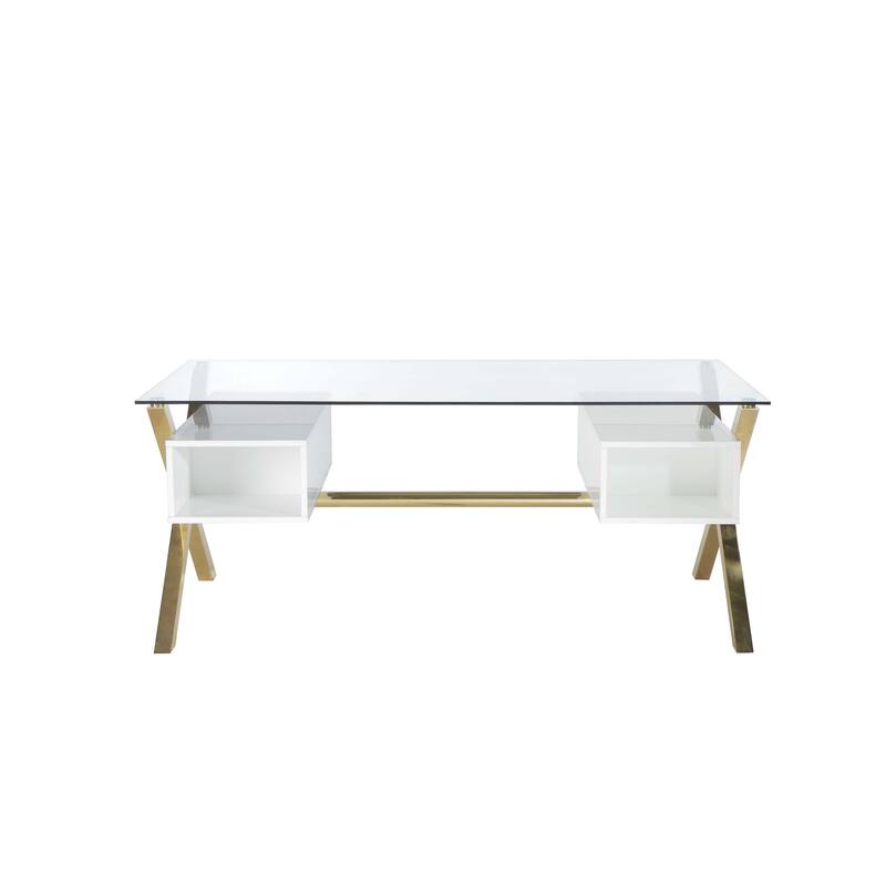 Tia Office Desk, 71 Inch Rectangular Glass, 4 Drawers, White, Gold