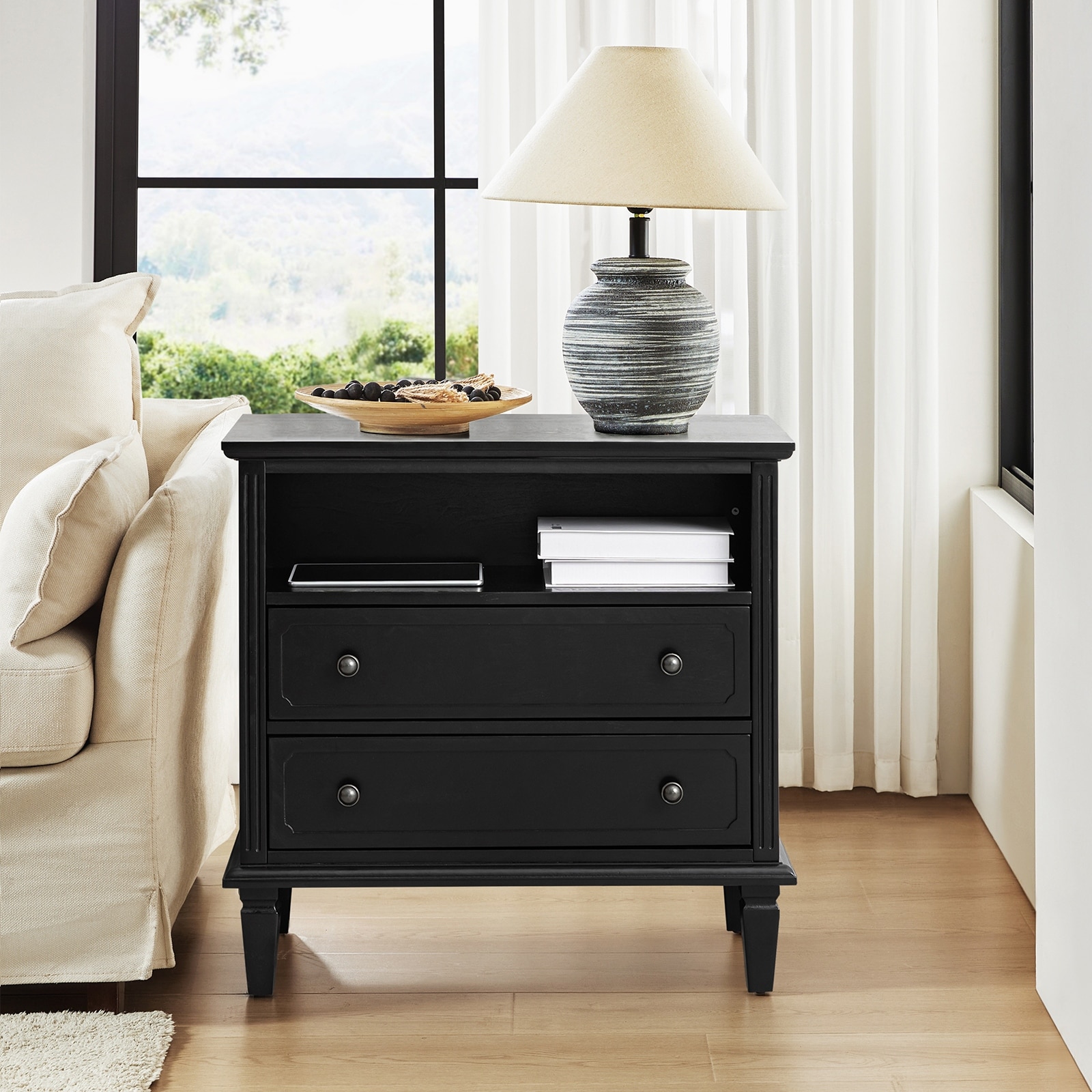 HULALA HOME Kamilo Transitional 28''W 2-Drawers End Table with Built-in Charging Station and Solid Wood Legs