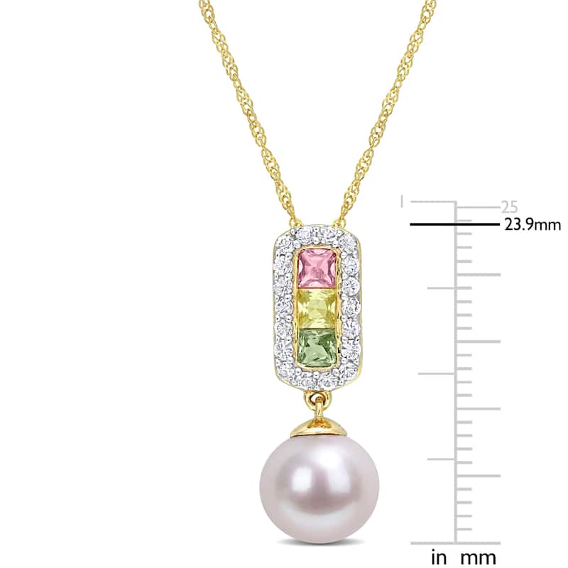 Miadora Cultured Freshwater Pearl & Multi-Color Sapphire Drop Necklace in 14k Yellow Gold (8.5-9mm)