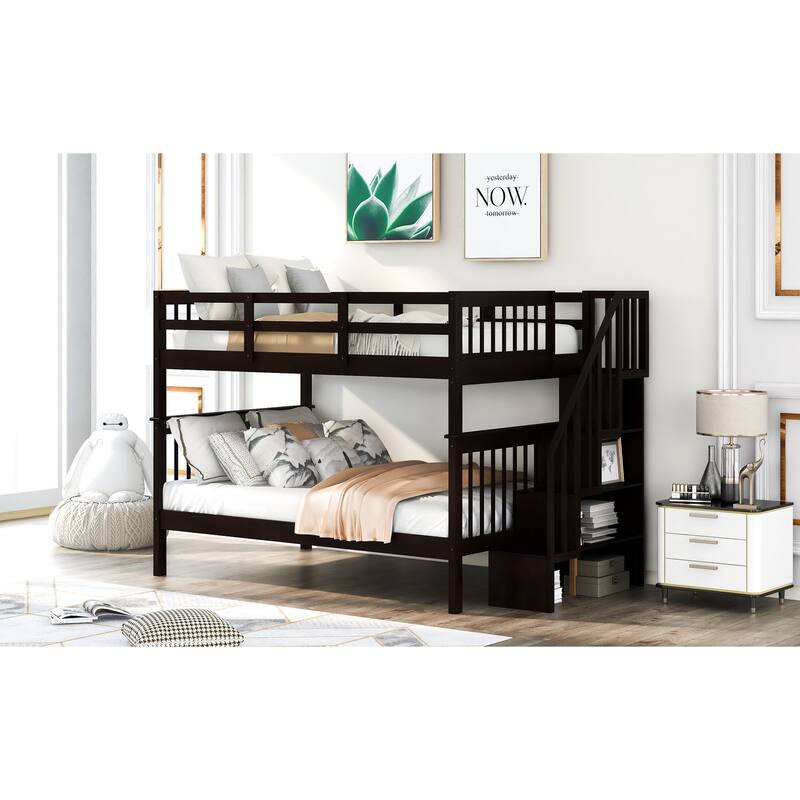 Full-Over-Full Bunk Bed with Storage Stairs and Guard Rail, Espresso Finish
