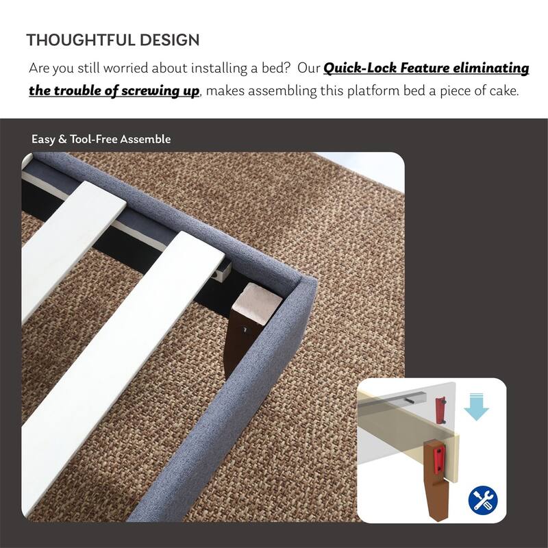 Full Size Upholstered Platform Bed Frame / Mattress Foundation / Wood Slat Support / No Box Spring Needed / Easy Assembly