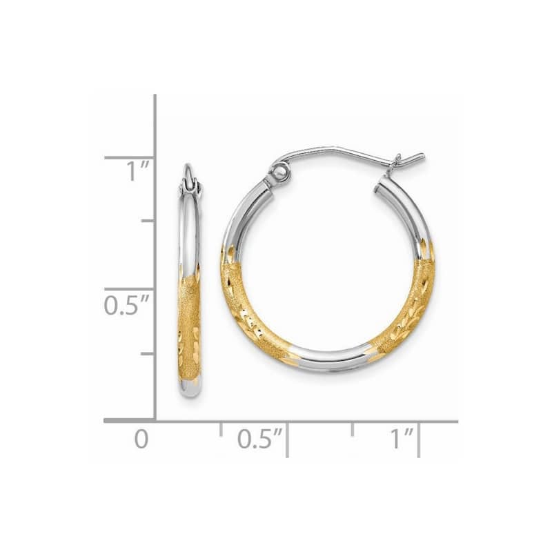 Curata 14k Yellow Gold and Rhodium 17x2mm Satin and Diamond Cut Hoop Earrings