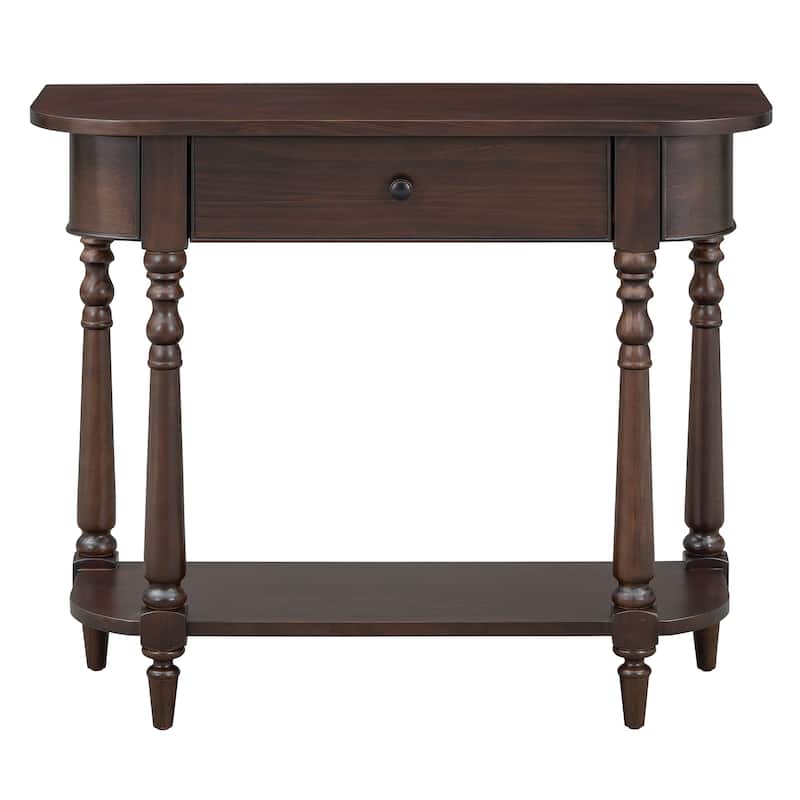 Narrow Console Table, Curved Corner Sofa Table with Full-Width Drawers and Open Storage Shelf, Retro Entryway Table Espresso