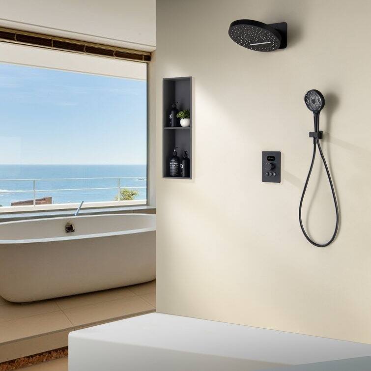 Wall-Mounted Thermostatic 12-in Rainfall and Waterfall Shower System With 3-way handshower